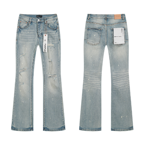 Light Blue Washed Flared Denim Jeans with Paint Splatter and Distressing